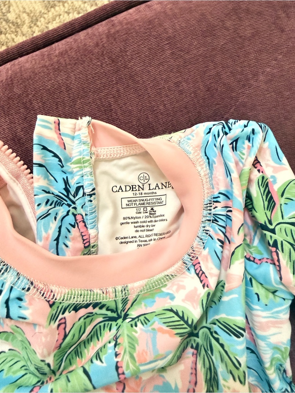 12–18M Caden Lane Pink Tropical Palm Long-Sleeve Baby Girls Swimsuit - Picture 3 of 3